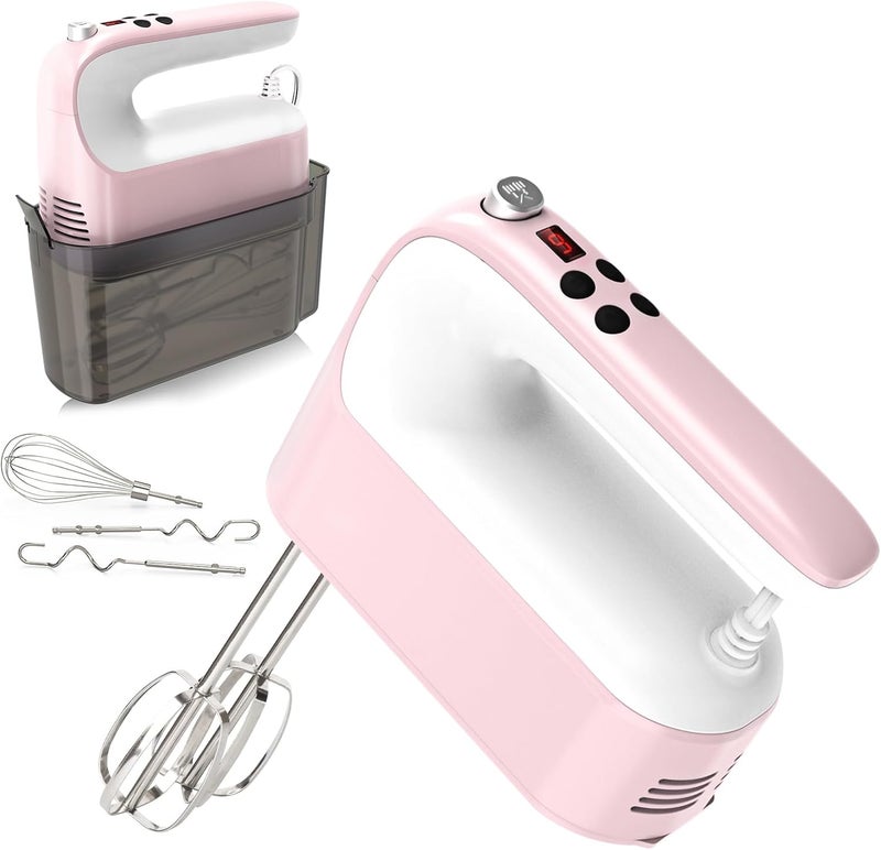 Yomelo 9-Speed Digital Hand Mixer Electric, 400W Powerful DC Motor, Hand Mixer Electric Handheld with Snap-On Storage Case, 5 Stainless Steel Accessories, Beaters, Dough Hooks, Whisk(Pink/White) - Image 1